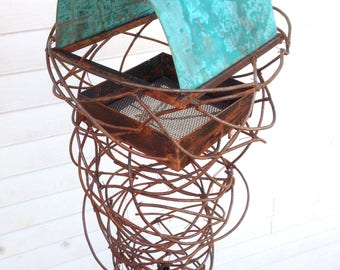 Sculptural Steel & Copper Bird Feeder No. 363 - Freestanding unique modern bird feeder