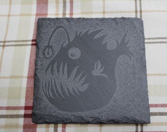 Set of slate cup coaster sets, natural material, slate, stone, etched, animal art, ocean inspired, fish, octopus art, hand engraved, coaster