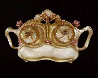 Art Nouveau Large Double Inkwell Inkstand Polished Bronze Floral