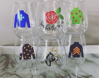 Kentucky derby run for the roses go baby go jockey silks party favor stemless shatterproof wine cocktail mint juleps glasses