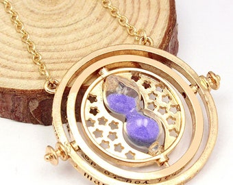 Miniature Purple Time Turner Inspired Hermione Harry Potter Deathly Hollows Gold Plate Necklace Chain Gryffindor Sand Charm Spinner handmade