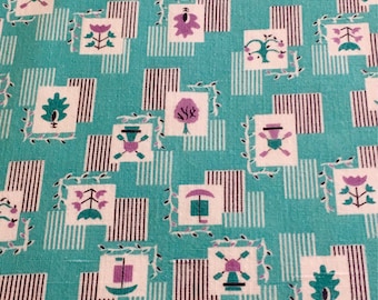 Vintage Feedsack Flour Sack Fabric Aqua Purple Novelty 1930's 1940's 1950's Quilt Patchwork