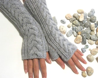 Light GRAY LONG Fingerless Gloves with a cable pattern