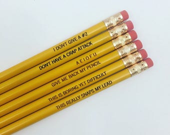 Mildly rude must haves personalized pencil set in mustard. multiple quotes. funny pencils, engraved pencils, stocking stuffers