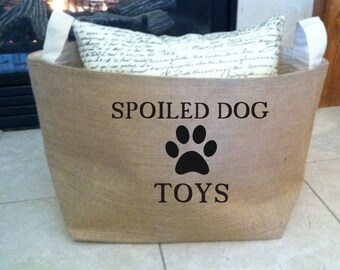 spoiled dog lined burlap dog toy basket , burlap storage tote