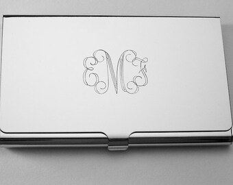 Custom Engraved Personalized High Polish Silver Business Card Holder -Hand Engraved