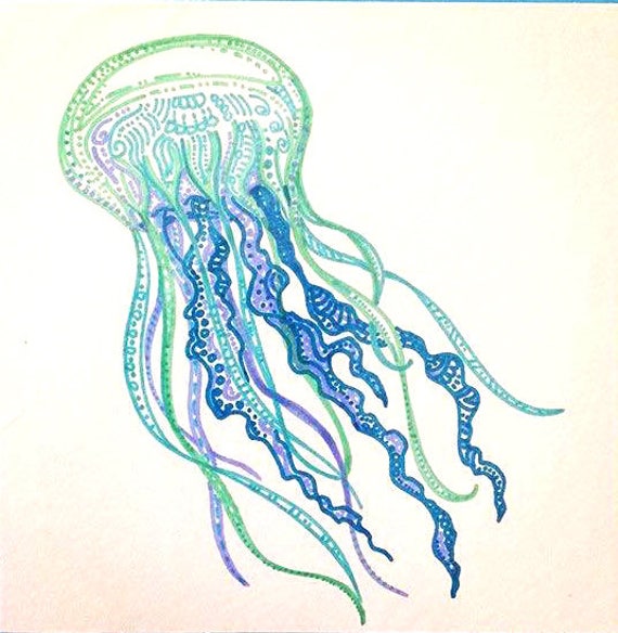 Colorful Jellyfish art blue jellyfish drawing jelly fish decor