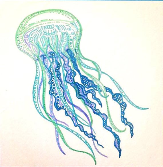 Colorful Jellyfish art blue jellyfish drawing jelly fish decor