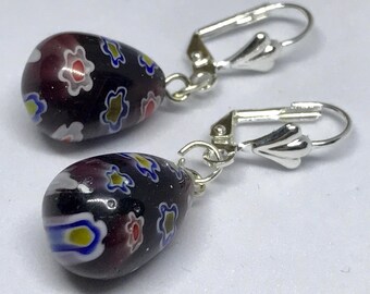 Black purple Handcrafted millefiori earrings, silver plated earrings, Italian glass earrings, gifts for her, birthday, Valentines day