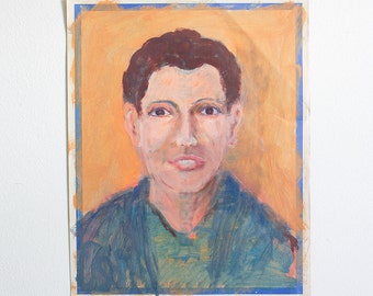 Vintage Portrait Painting / Outsider Art / 15 x 19 / Original Acrylic on Found Paper