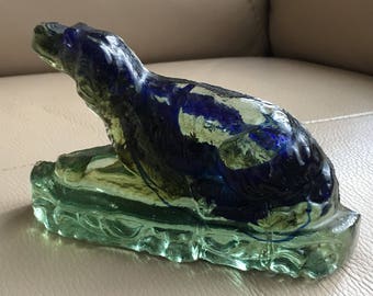 Antique Victorian Green Blue Slag Glass Dog Statue