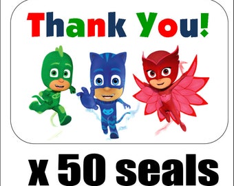 50 PJ Masks Thank You Envelope Seals / Labels / Stickers, 1" by 1.5"