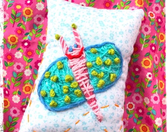 Silly Butterfly Mini Pillow Hand Embroidered YelliKelli Ready to Ship