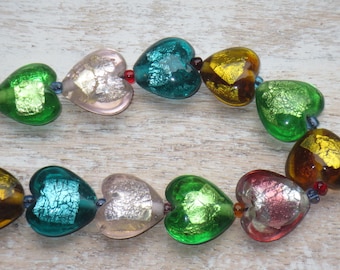 Lampwork Glass Heart Foil Mixed Color Beads 9pcs 19mm