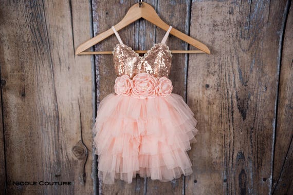 Blush Pink Tulle Flower Girl Dress Rose Gold Sequin Dress