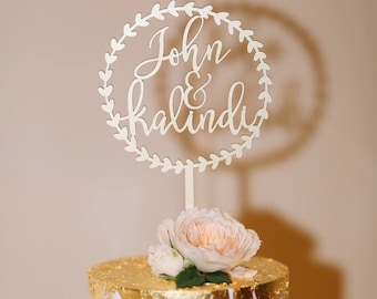 Personalize Names with Circle Wreath Wedding Cake Topper 5.5" inches, Personalized Custom Unique Laser Cut Rustic Toppers by Ngo Creations