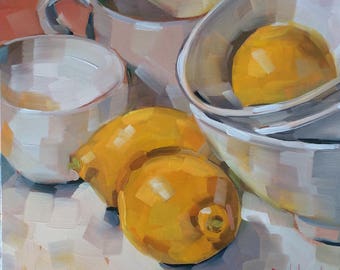 Lemons, White Bowls, Cups, Original Oil Painting, 8 x 8 inches, Free Shipping