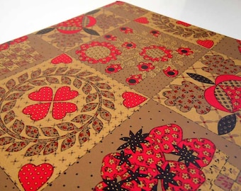 Vintage 1970's All Occasion Strawberry Wrapping Paper Red Brown Patchwork Quilt Gift Wrap