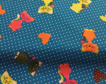 Cats, blue-colored 100% cotton fabric