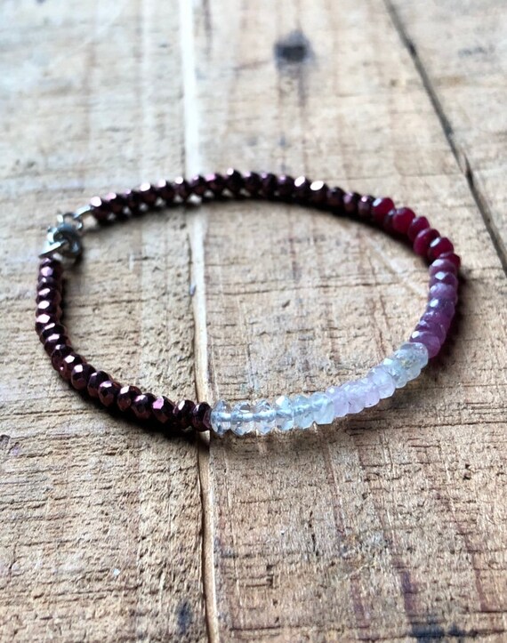 Heart Chakra Ombré Gemstone Bracelet ~ Clear Quartz, Rose Quartz, Rainbow Moonstone, Rhodolite Garnet, Ruby & Pyrite Bracelet, Bohemian