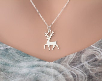 Sterling Silver Reindeer Charm Necklace, Deer Necklace, Silver Stag Necklace, Reindeer Necklace, Silver Christmas Reindeer Charm Necklace