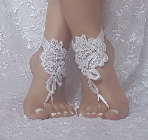 White or black beaded lace barefoot sandals beach wedding