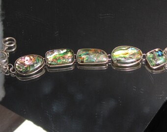 Vintage Sterling Silver Abalone Gemstone Bracelet 7.5in