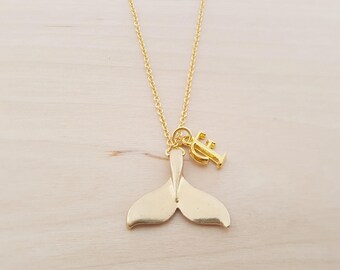 Whale Tail Charm - Gold Whale Necklace - Personalized Necklace - Custom Initial Necklace- Gold Necklace