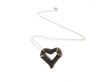Black Heart Pendant Necklace, Seed Bead Heart Necklace, Beadwork Pendant, UK