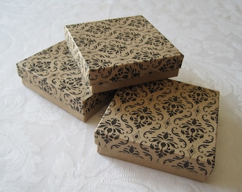 10 Gift Boxes, Jewelry Gift Boxes, Kraft Boxes, Damask Print, Black Damask, Wedding Favor Boxes, Bridesmaid Gift Box, Kraft Box 3.5x3.5x1