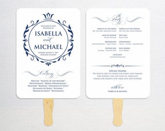 Navy Blue Wedding Program Fan Template, Calligraphy Script Printable Program, Instant Download, Ceremony Program Fan, Kraft Paper, WPC_1158