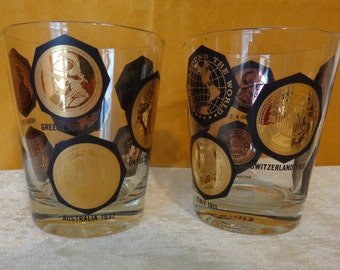 Vintage Gold Coin Highball Glasses, International 22kt gold coin glasses