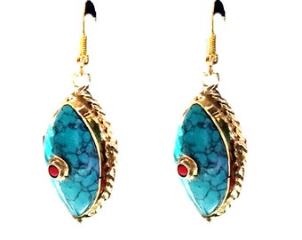 Nepal Turquoise Earrings, Nepal Jewelry,Vintage Gold,Antique Earrings,Tibetan jewelry,Afghan Jewelry by Taneesi YE0725ET