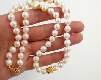 White Pearl necklace, pearl gold necklace, 18K Gold pearl strand necklace - Fine Jewelry