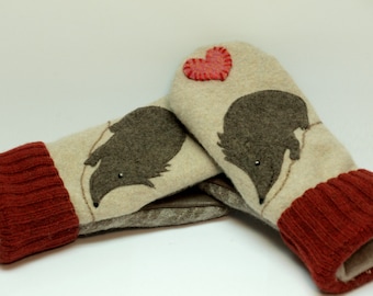 Recycled Hedgehog Mittens Felted Wool in Cream Brown and Red with Applique and Leather Palm Eco Friendly Upcycled Size S/M