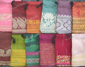 Recycled Sari Drawstring Gift Bags, 12 Gift Pouches 3 x 2" Fabric Gift Bags, Multi Colored India Gift Bags, Handcrafted Bags MS-033-49
