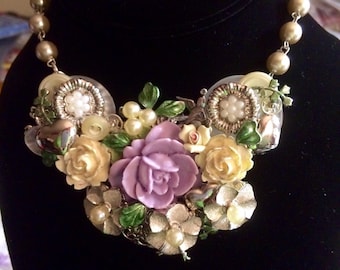 Floral assemblage bib necklace