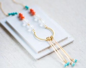Turquoise Boho Necklace, Coral and Turquoise Necklace, Crystal Necklace, Bohemian Style Necklace, Paddle Necklace, Crescent Necklace