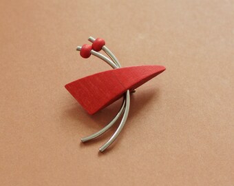 AARIKKA, red wooden brooch | modern brooch, modernist brooch, red brooch, Scandinavian, wood and metal | made in Finland