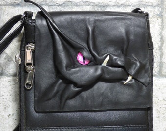 Dragon Purse With Face Small Messenger Bag Expandable Cross Body Monster Black Leather 439