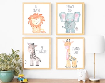 Safari Nursery Decor Wall Art Print Set of 4 Nursery Art Set Baby Animal Paintings Jungle Animals Nursery Animals Baby Shower Gift Boy Art