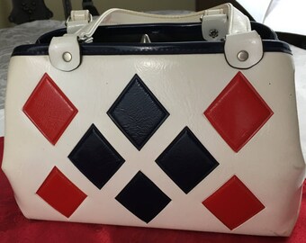 Vintage White Patent Leather Structured Purse Hand Bag Black and Red Diamonds