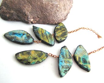 Polymer Triple Leafy Chain Danglies Earring Components Lightweight Teal Green, Golden, Aqua Black Textured On Small Copper Chain pair (2)