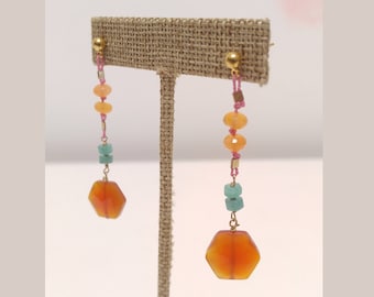 Carnelian and Amazonite, Hand strung on Pink Silk
