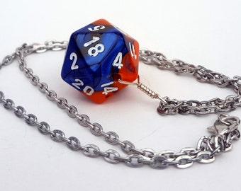 Dice Pendant Necklace - Orange and Blue Swirl D20 Twenty Sided Dice Jewelry - Geeky Gamer Jewelry