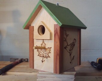 Birdhouse, hand wood burned, featuring a leaf and birds