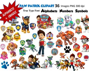 Full Alphabet & 36 PAW PATROL Clipart Images 300 DPI Transparent Background True Type Font