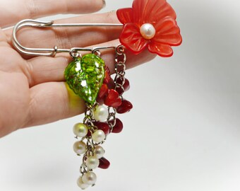 Red Coral Pearl Fibula Pin Gemstone Fibula Pin Coral Pearl Artisan Brooch Handmade Flower Brooch Beaded Shawl Scarf Pin Statement Jewelry
