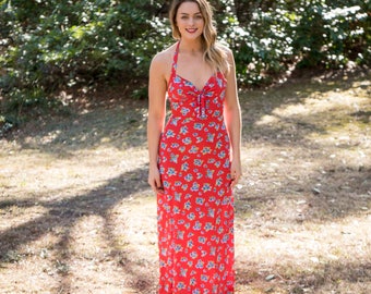 70s Easy Sultry Floral Halter Maxi Dress