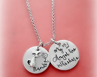 Cat Bereavement Necklace, Personalized Hand Stamped, Engraved My Angel has Whiskers Cat Memorial Necklace. Pet Remembrance Sympathy Jewelry